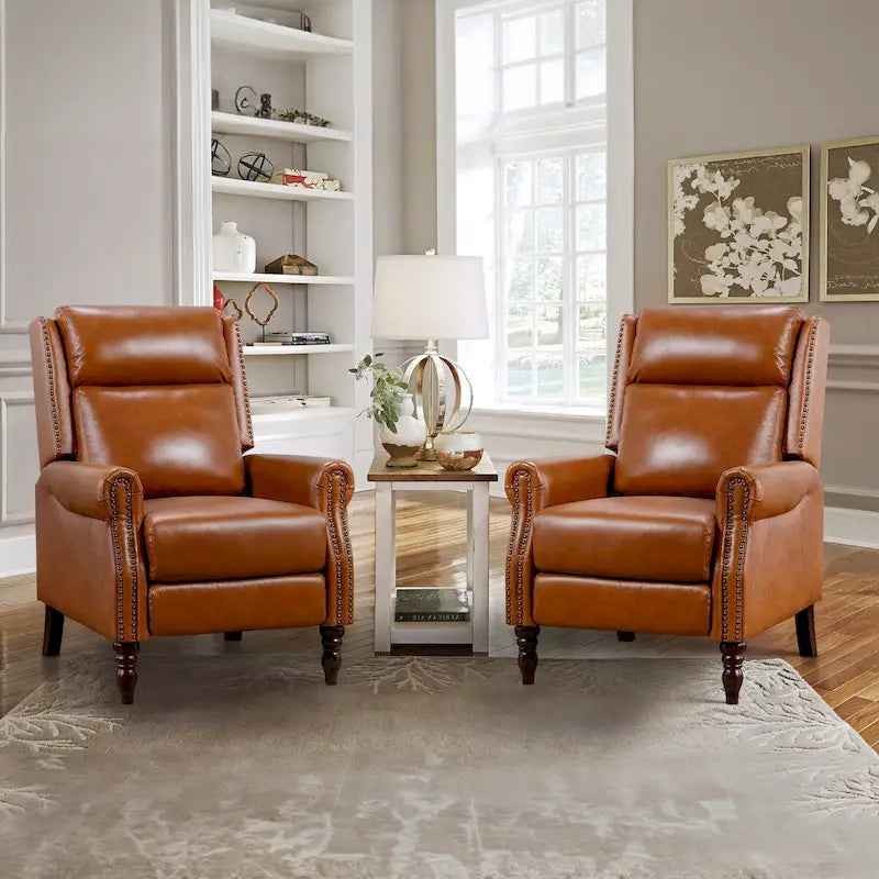 Fauteuil inclinable à pousser en cuir véritable Mid-Century avec garniture cloutée (Lot de 2)