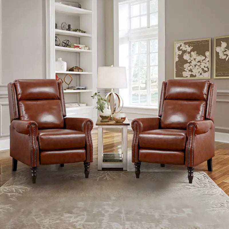 Fauteuil inclinable à pousser en cuir véritable Mid-Century avec garniture cloutée (Lot de 2)