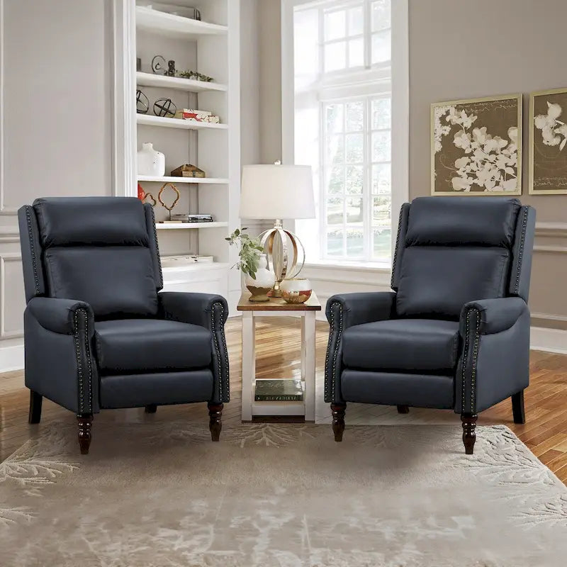 Fauteuil inclinable à pousser en cuir véritable Mid-Century avec garniture cloutée (Lot de 2)