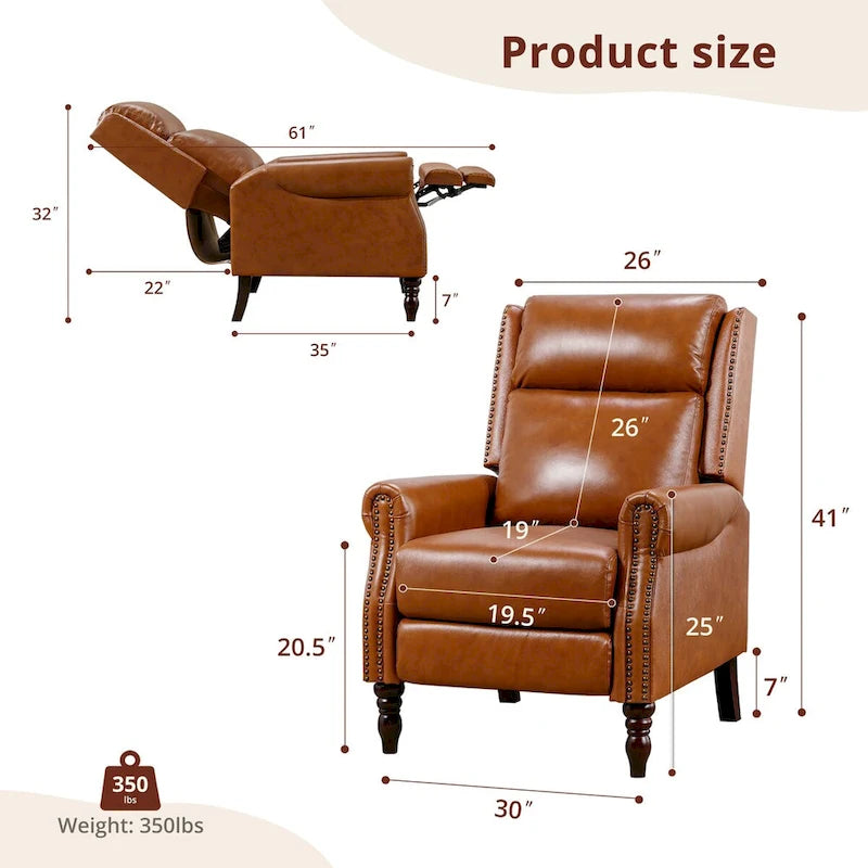 Fauteuil inclinable à pousser en cuir véritable Mid-Century avec garniture cloutée (Lot de 2)