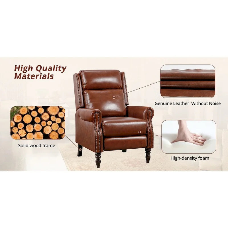 Fauteuil inclinable à pousser en cuir véritable Mid-Century avec garniture cloutée (Lot de 2)