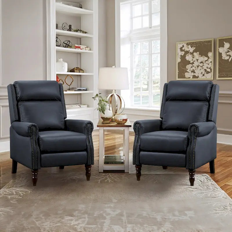 Fauteuil inclinable à pousser en cuir véritable Mid-Century avec garniture cloutée (Lot de 2)