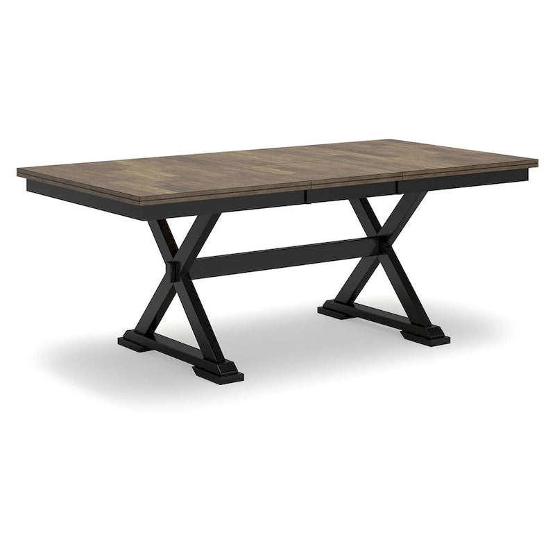 Table de salle à manger avec rallonge style ferme, placage de bois de boucher, piétement noir en X