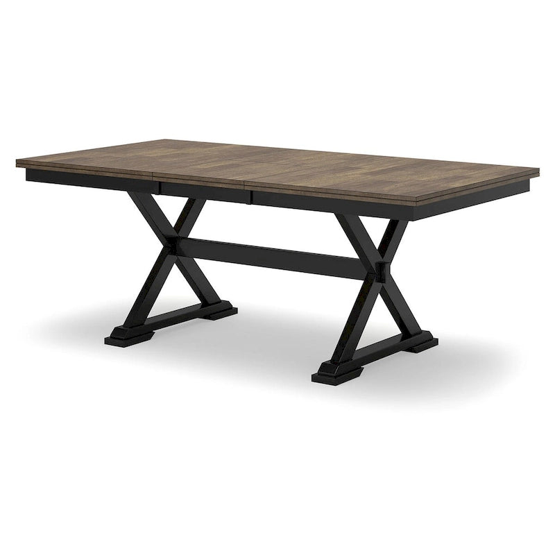 Table de salle à manger avec rallonge style ferme, placage de bois de boucher, piétement noir en X