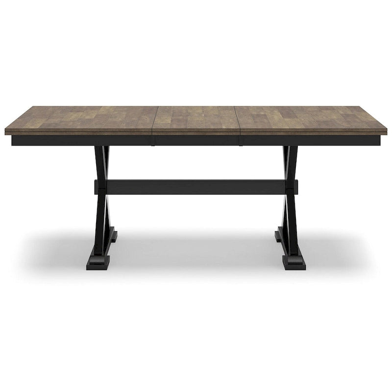 Table de salle à manger avec rallonge style ferme, placage de bois de boucher, piétement noir en X