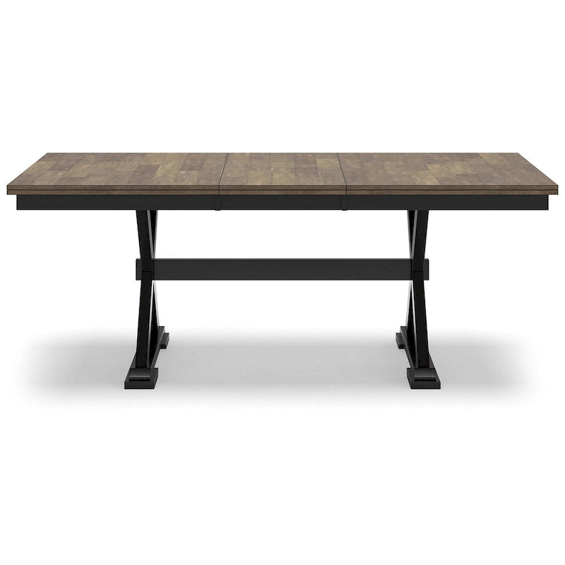 Table de salle à manger avec rallonge style ferme, placage de bois de boucher, piétement noir en X