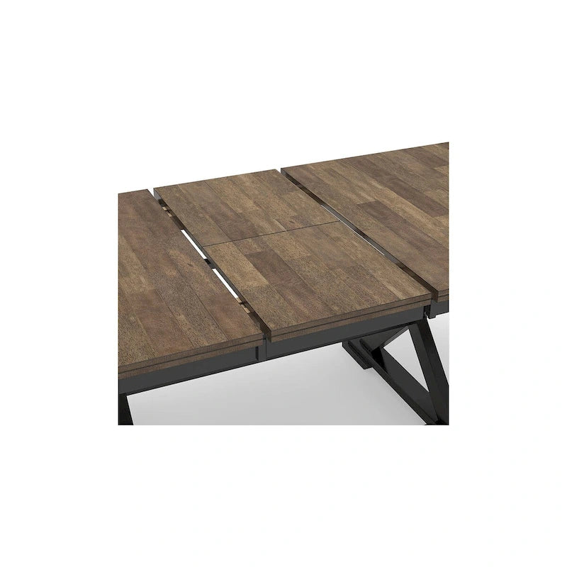 Table de salle à manger avec rallonge style ferme, placage de bois de boucher, piétement noir en X