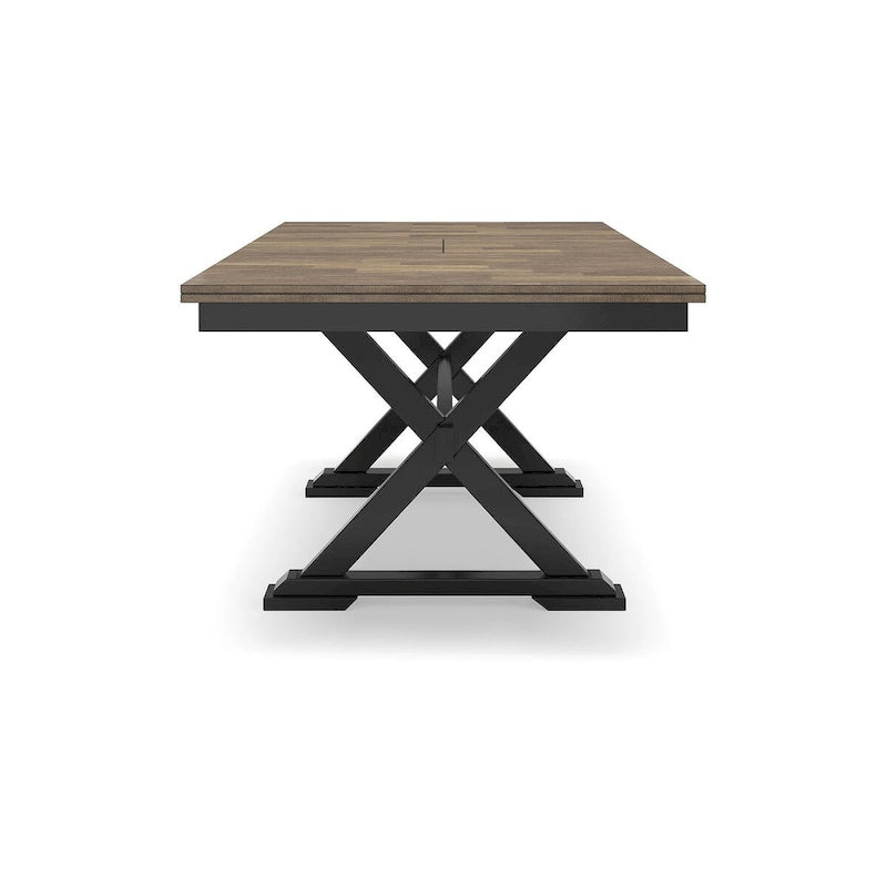 Table de salle à manger avec rallonge style ferme, placage de bois de boucher, piétement noir en X