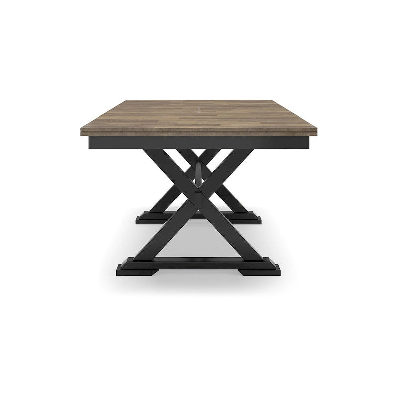 Table de salle à manger avec rallonge style ferme, placage de bois de boucher, piétement noir en X