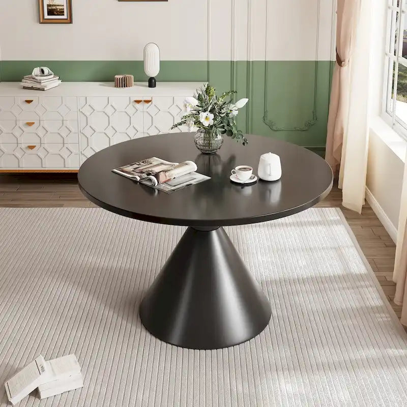 Table de salle à manger ronde brillante à pied conique noir et blanc