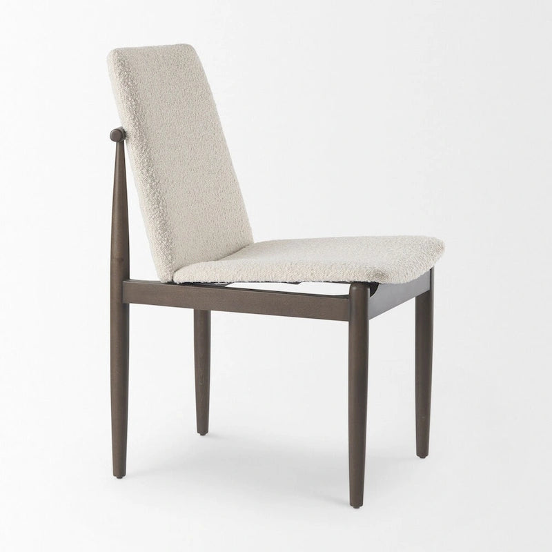Chaise de salle à manger en bouclette du milieu du siècle, avec structure en bois massif marron foncé