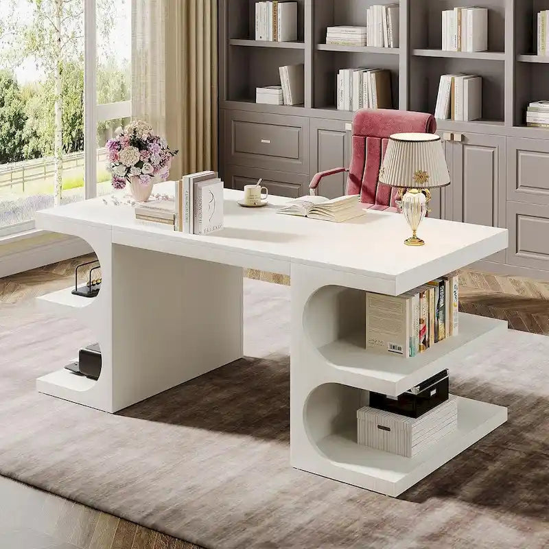 Bureau de direction de 157 cm de large, blanc, en bois E1, avec base en arche et 3 étagères de rangement, style moderne