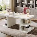 Bureau de direction de 157 cm de large, blanc, en bois E1, avec base en arche et 3 étagères de rangement, style moderne