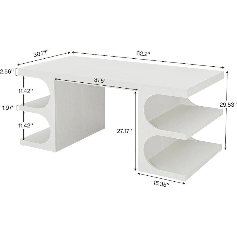 Bureau de direction de 157 cm de large, blanc, en bois E1, avec base en arche et 3 étagères de rangement, style moderne