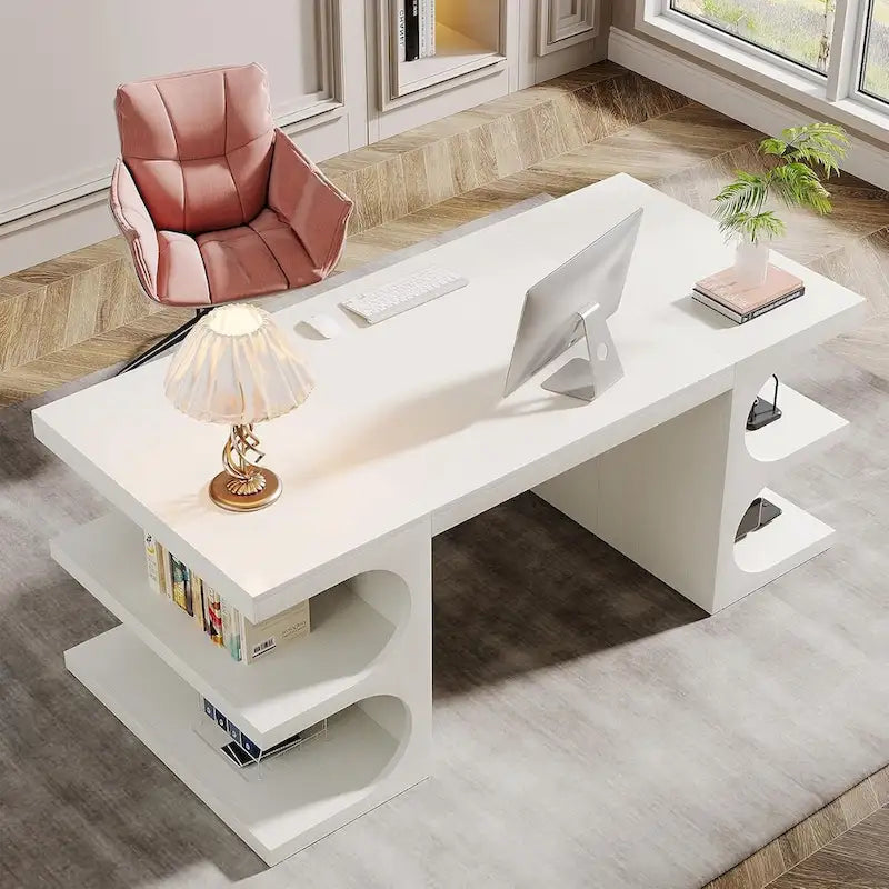 Bureau de direction de 157 cm de large, blanc, en bois E1, avec base en arche et 3 étagères de rangement, style moderne
