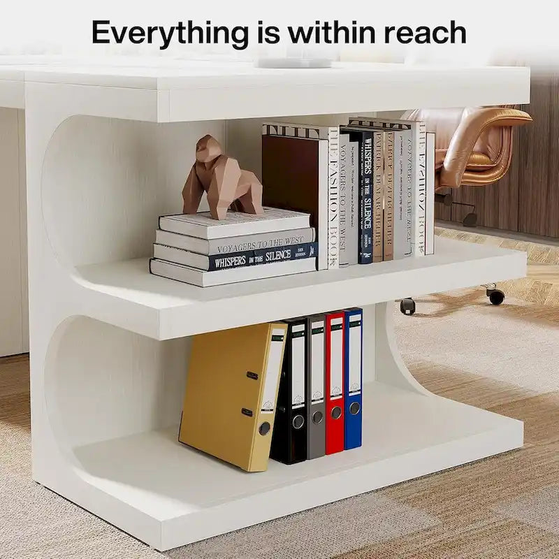 Bureau de direction de 157 cm de large, blanc, en bois E1, avec base en arche et 3 étagères de rangement, style moderne