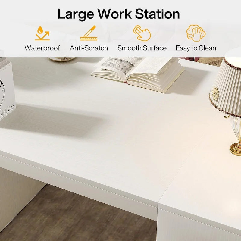 Bureau de direction de 157 cm de large, blanc, en bois E1, avec base en arche et 3 étagères de rangement, style moderne