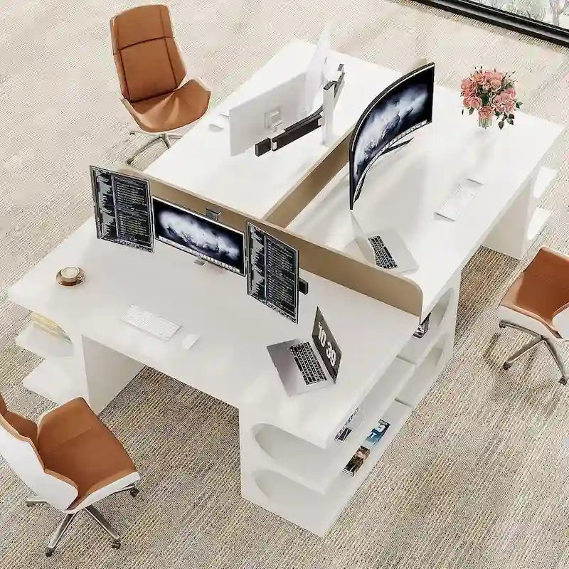 Bureau de direction de 157 cm de large, blanc, en bois E1, avec base en arche et 3 étagères de rangement, style moderne