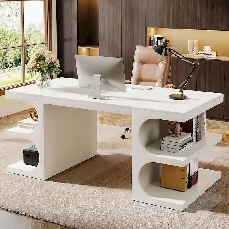 Bureau de direction de 157 cm de large, blanc, en bois E1, avec base en arche et 3 étagères de rangement, style moderne