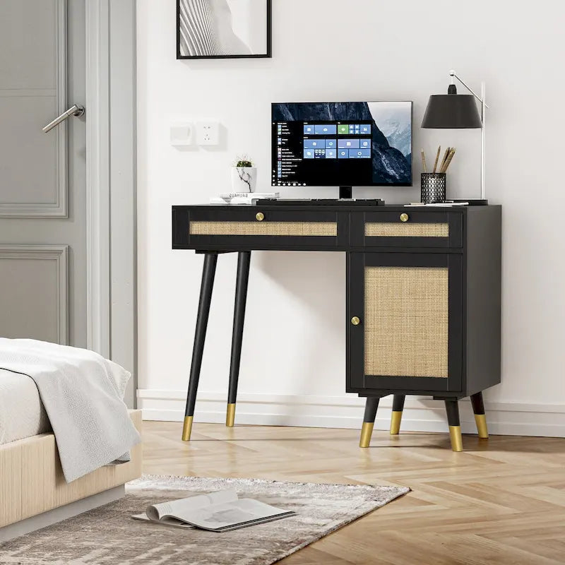 Bureau en rotin noir 2 tiroirs Meuble pieds dorés Bohème