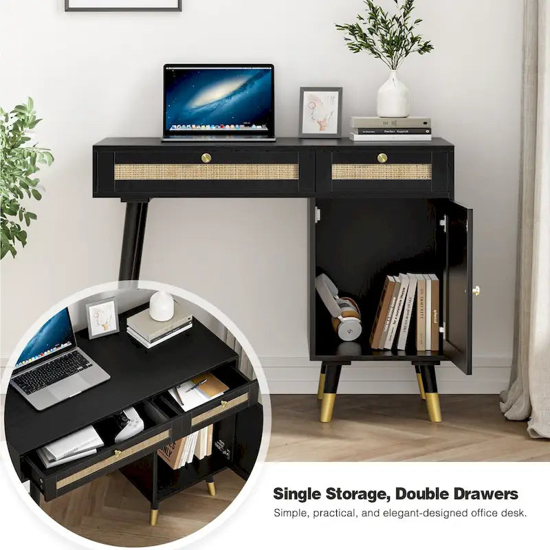 Bureau en rotin noir 2 tiroirs Meuble pieds dorés Bohème