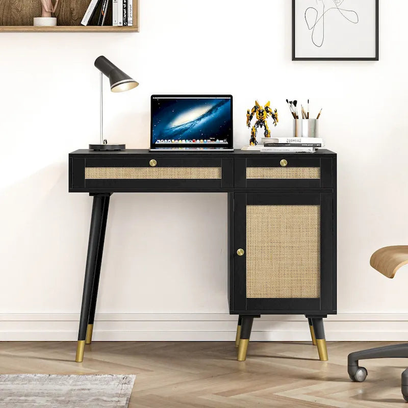 Bureau en rotin noir 2 tiroirs Meuble pieds dorés Bohème