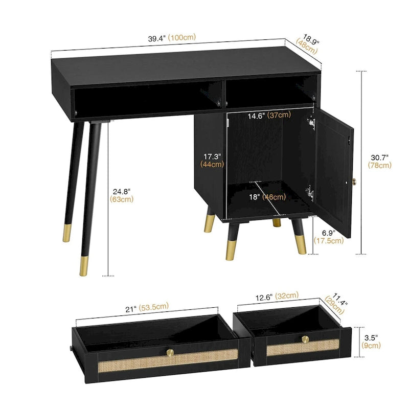 Bureau en rotin noir 2 tiroirs Meuble pieds dorés Bohème