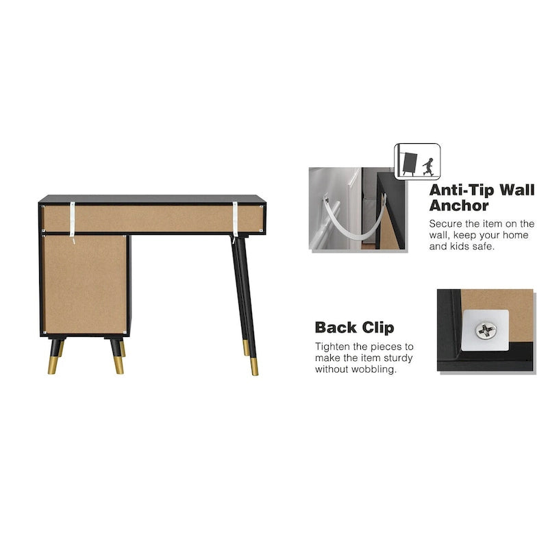 Bureau en rotin noir 2 tiroirs Meuble pieds dorés Bohème