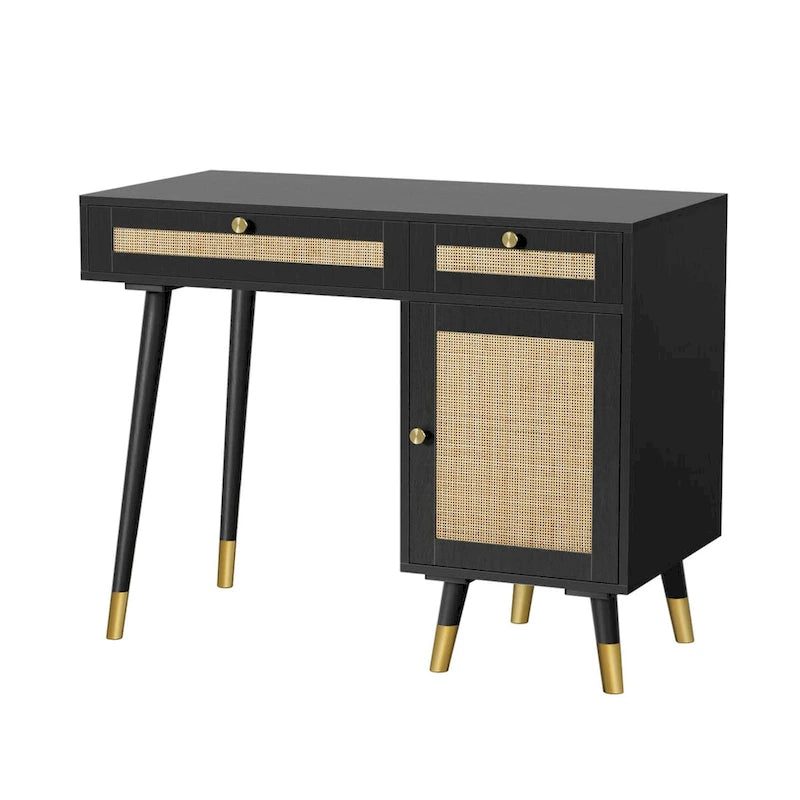 Bureau en rotin noir 2 tiroirs Meuble pieds dorés Bohème