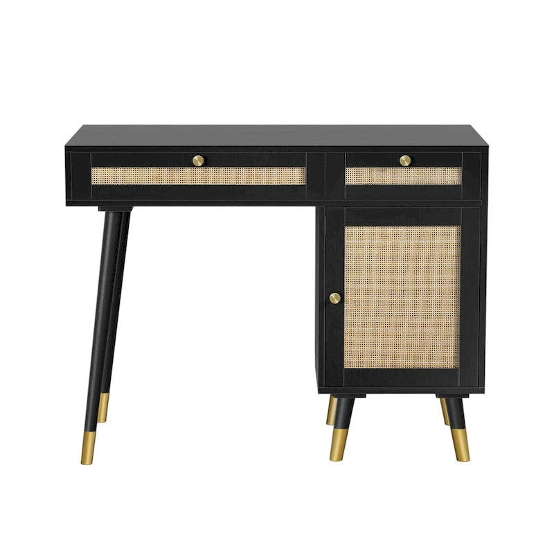 Bureau en rotin noir 2 tiroirs Meuble pieds dorés Bohème
