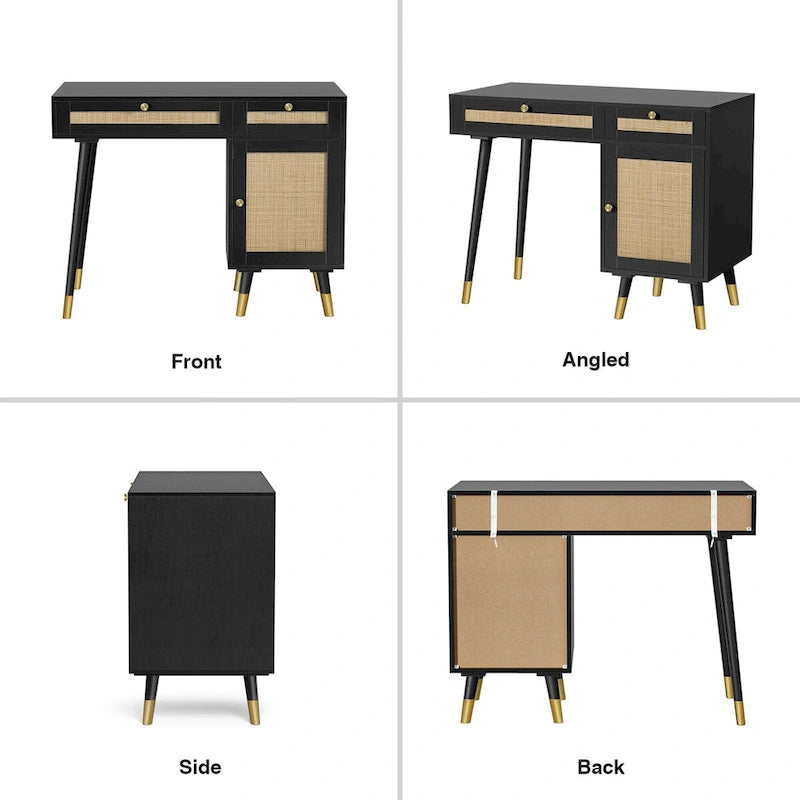Bureau en rotin noir 2 tiroirs Meuble pieds dorés Bohème