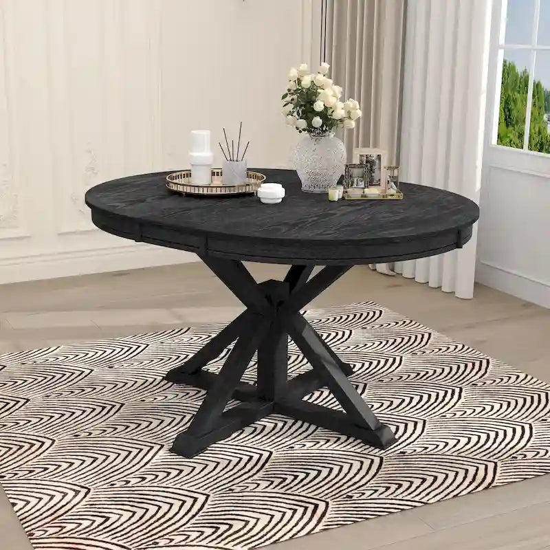 Table de salle à manger extensible ronde à ovale avec rallonge papillon, piètement en X, 6 places, style rétro