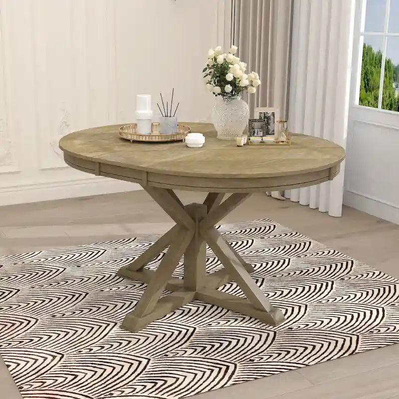 Table de salle à manger extensible ronde à ovale avec rallonge papillon, piètement en X, 6 places, style rétro