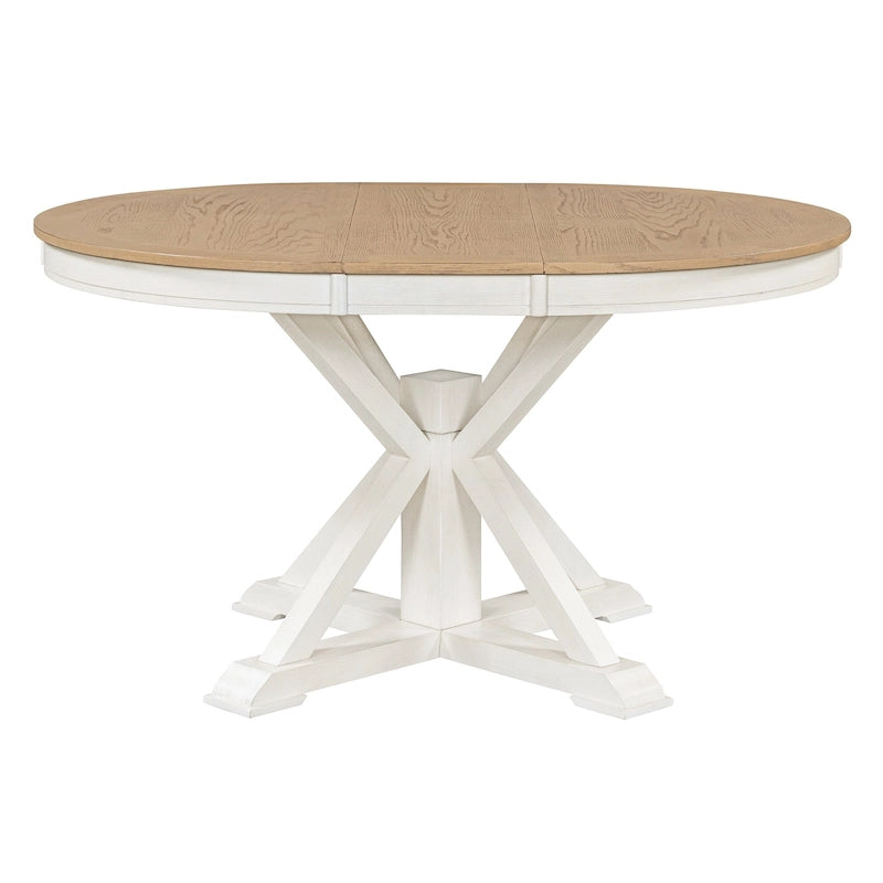 Table de salle à manger extensible ronde à ovale avec rallonge papillon, piètement en X, 6 places, style rétro
