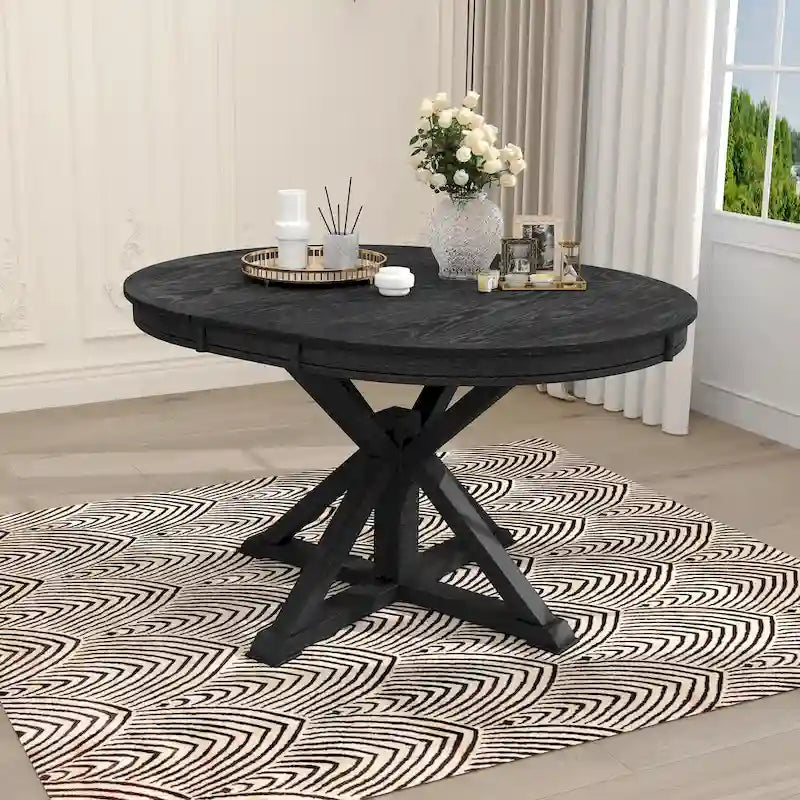 Table de salle à manger extensible ronde à ovale avec rallonge papillon, piètement en X, 6 places, style rétro