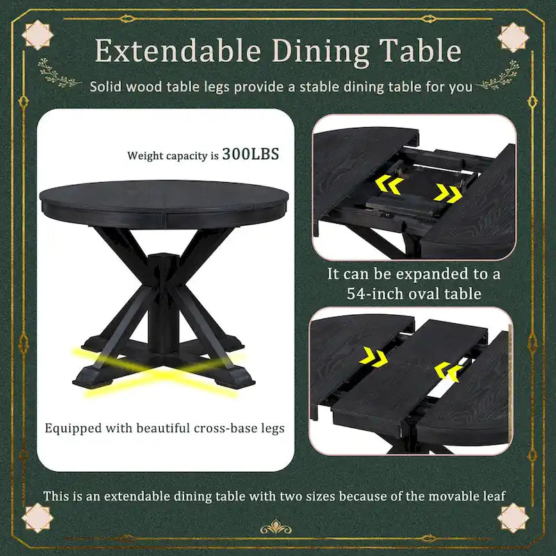 Table de salle à manger extensible ronde à ovale avec rallonge papillon, piètement en X, 6 places, style rétro