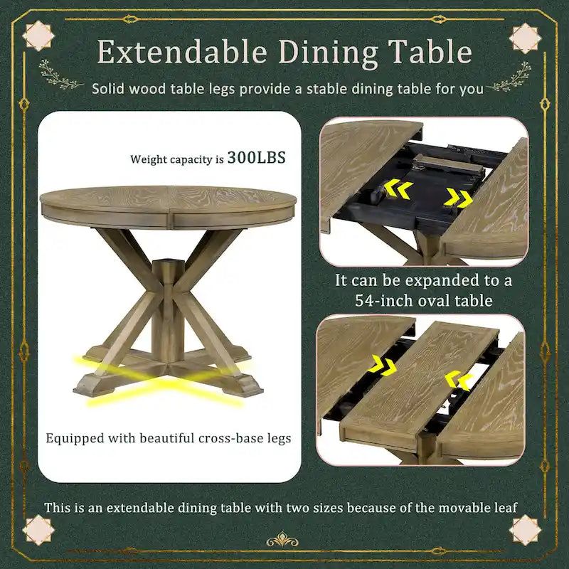 Table de salle à manger extensible ronde à ovale avec rallonge papillon, piètement en X, 6 places, style rétro