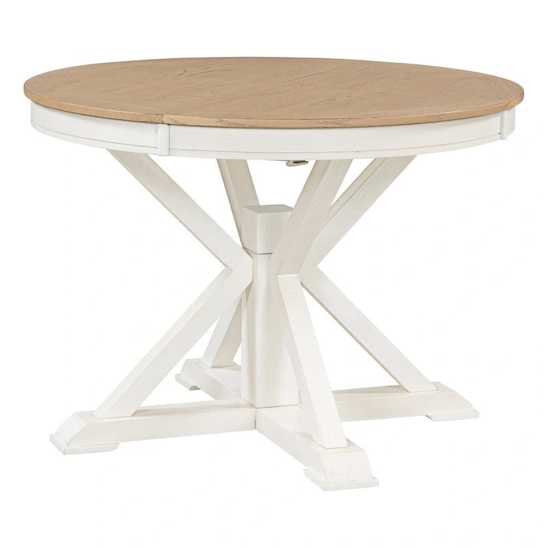 Table de salle à manger extensible ronde à ovale avec rallonge papillon, piètement en X, 6 places, style rétro