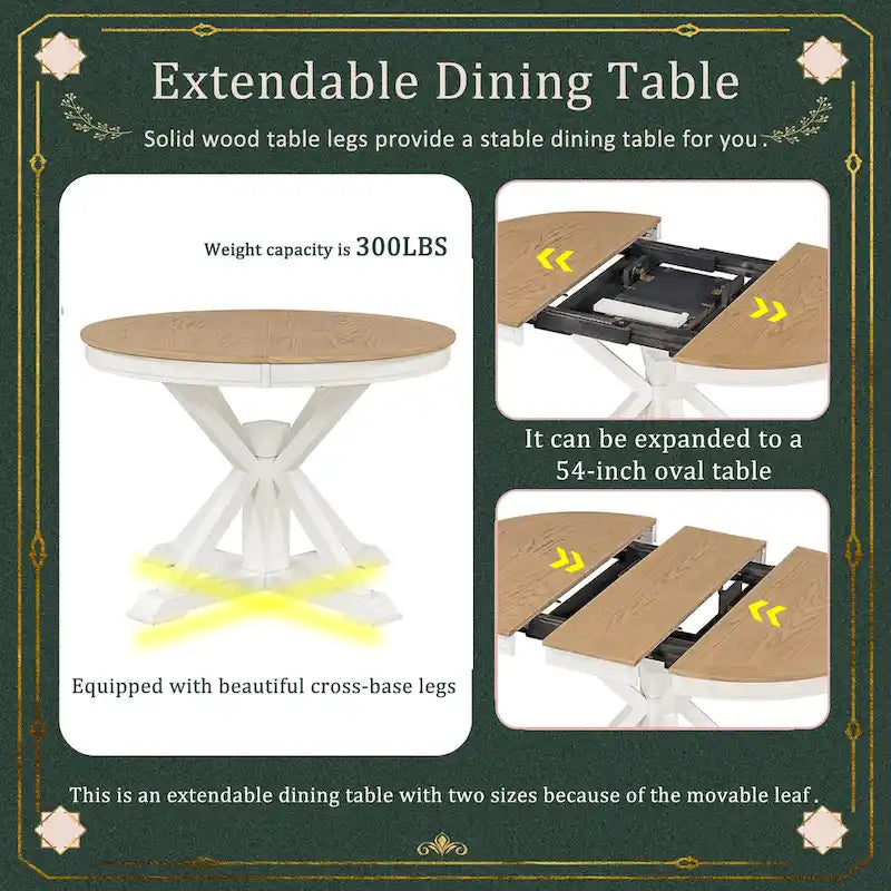 Table de salle à manger extensible ronde à ovale avec rallonge papillon, piètement en X, 6 places, style rétro