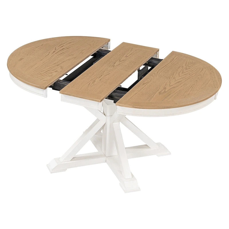 Table de salle à manger extensible ronde à ovale avec rallonge papillon, piètement en X, 6 places, style rétro