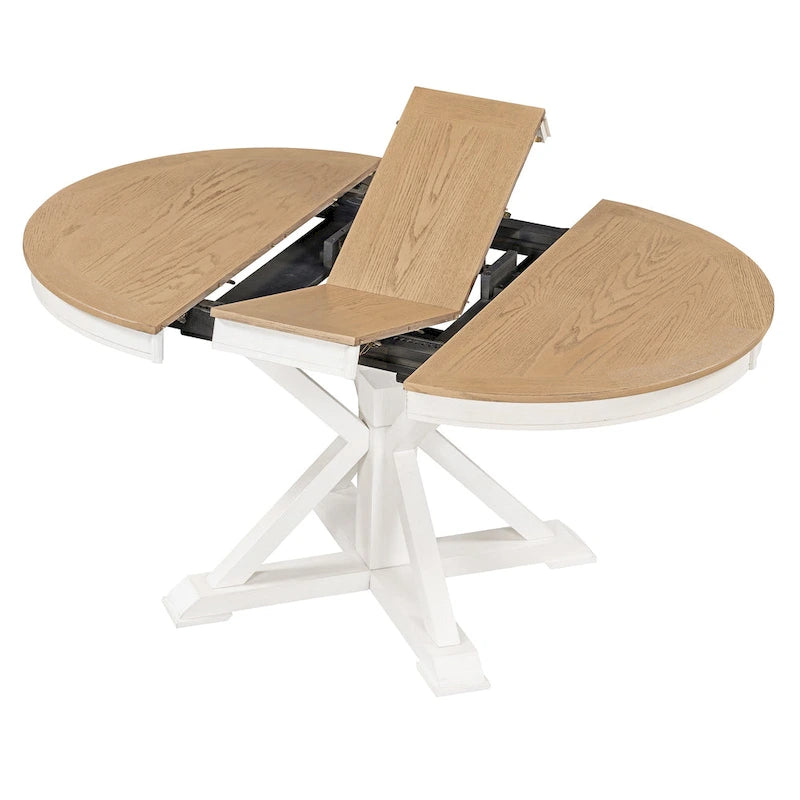 Table de salle à manger extensible ronde à ovale avec rallonge papillon, piètement en X, 6 places, style rétro