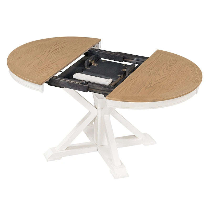 Table de salle à manger extensible ronde à ovale avec rallonge papillon, piètement en X, 6 places, style rétro