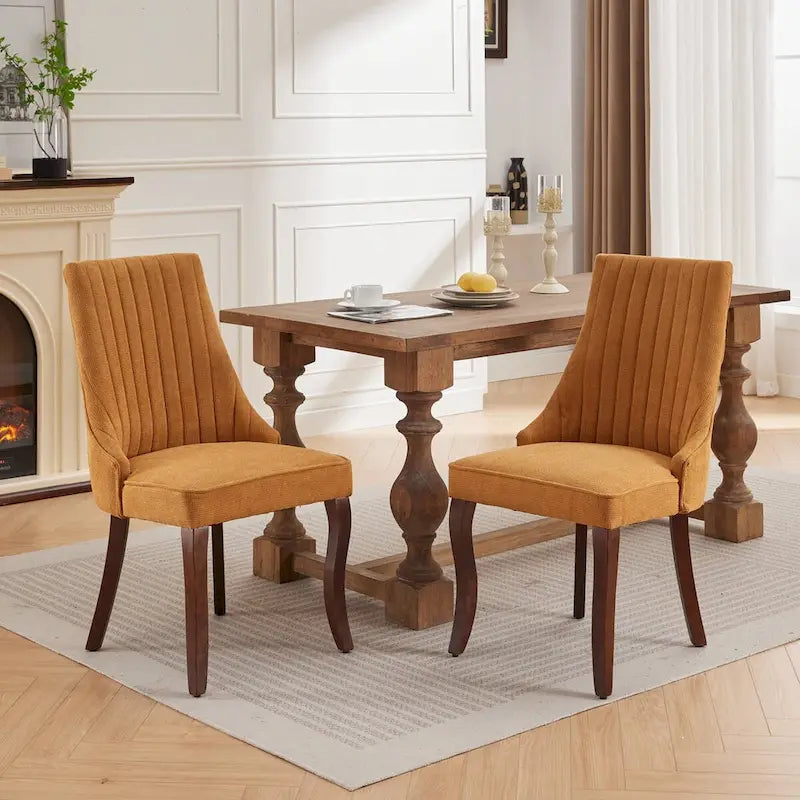Chaise de salle à manger à dossier haut capitonné en velours floqué avec pieds en bois courbés, lot de 2