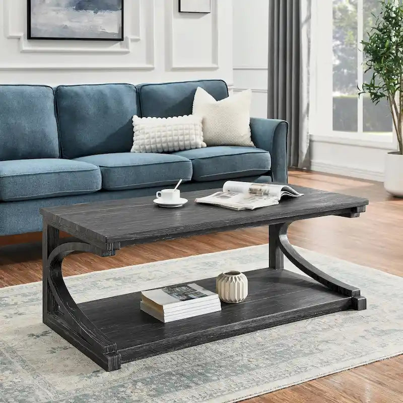 Table basse rectangulaire base courbée en C étagère de rangement ouverte en bois d'hévéa MDF rustique