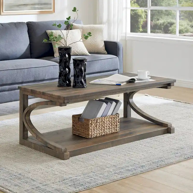 Table basse rectangulaire base courbée en C étagère de rangement ouverte en bois d'hévéa MDF rustique