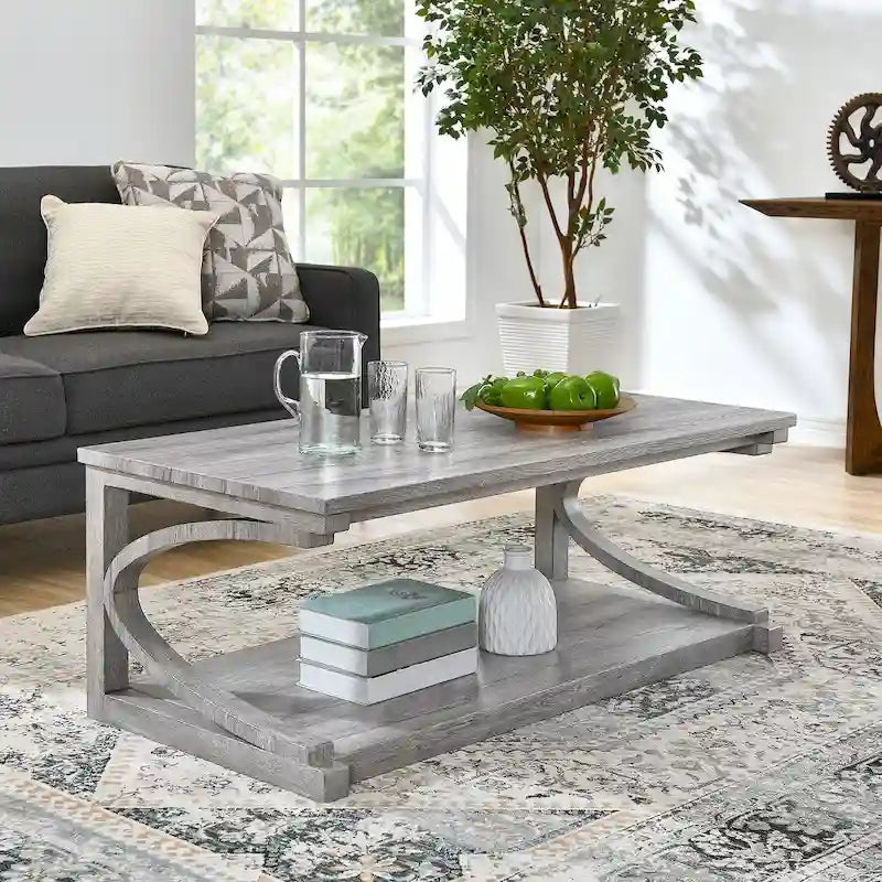 Table basse rectangulaire base courbée en C étagère de rangement ouverte en bois d'hévéa MDF rustique