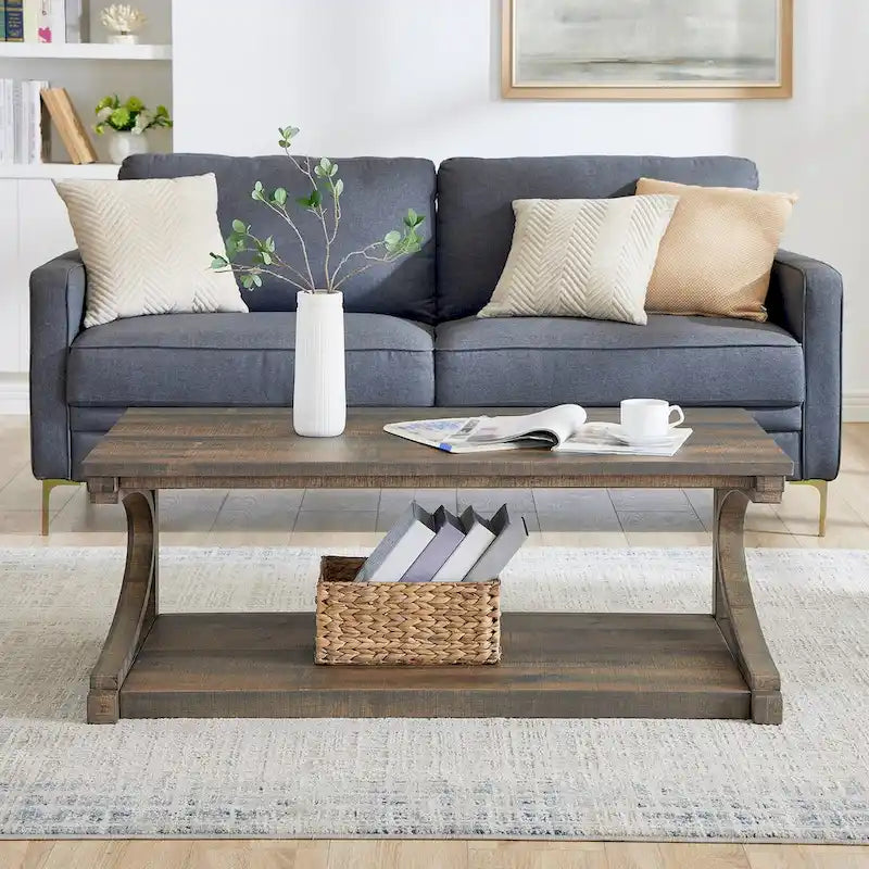Table basse rectangulaire base courbée en C étagère de rangement ouverte en bois d'hévéa MDF rustique