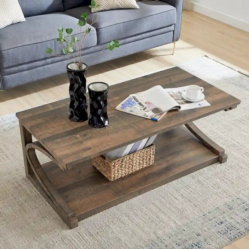 Table basse rectangulaire base courbée en C étagère de rangement ouverte en bois d'hévéa MDF rustique