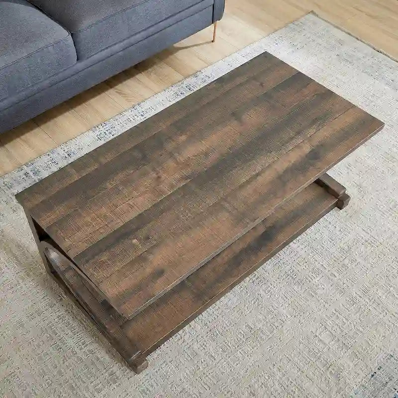 Table basse rectangulaire base courbée en C étagère de rangement ouverte en bois d'hévéa MDF rustique