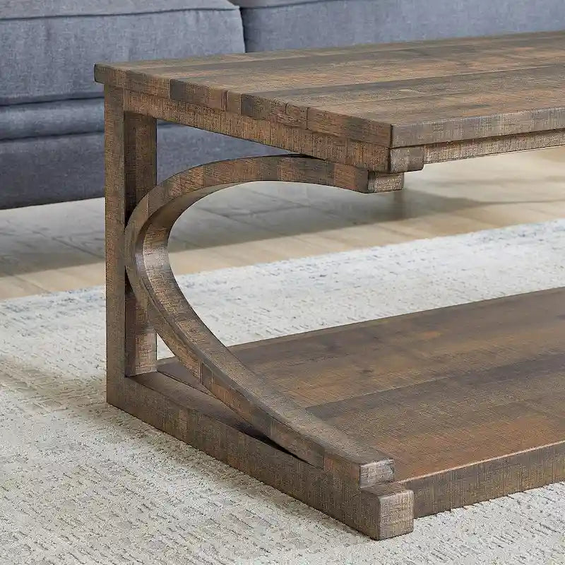 Table basse rectangulaire base courbée en C étagère de rangement ouverte en bois d'hévéa MDF rustique